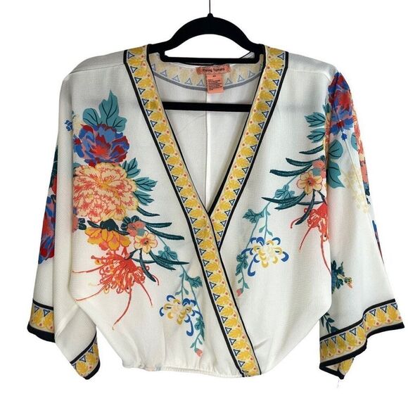 Flying Tomato Multicolor Floral Surplice Neck 3/4 Sleeve Blouse Size XS - Picture 1 of 7
